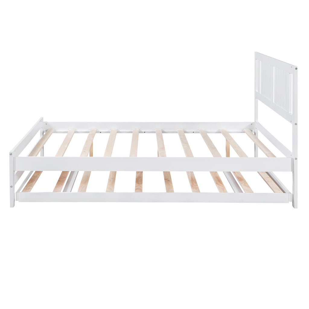Full Size Platform Bed with Adjustable Trundle (White)