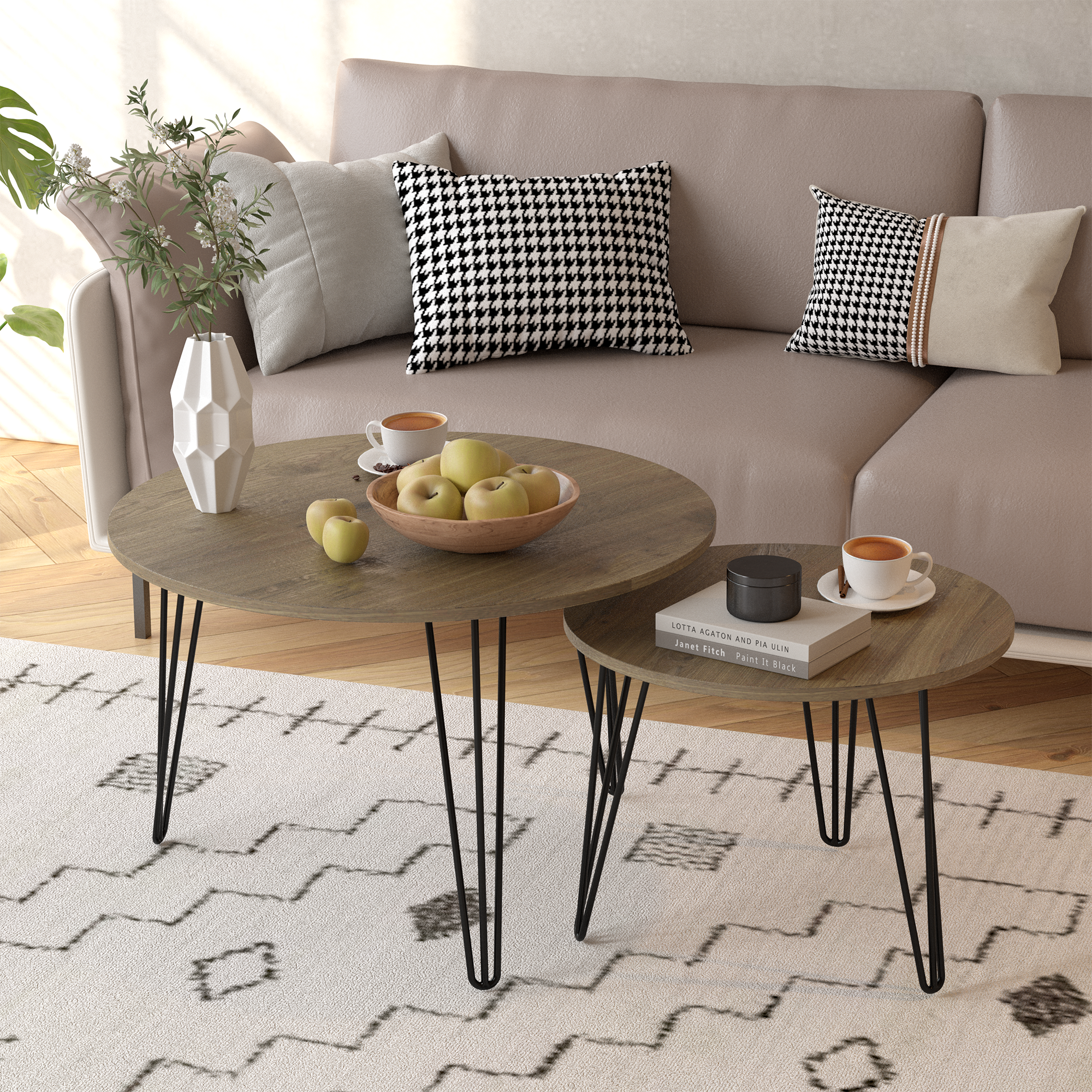 2 Set Round Nesting End Table Set w/ Sturdy Metal Base (Brown)