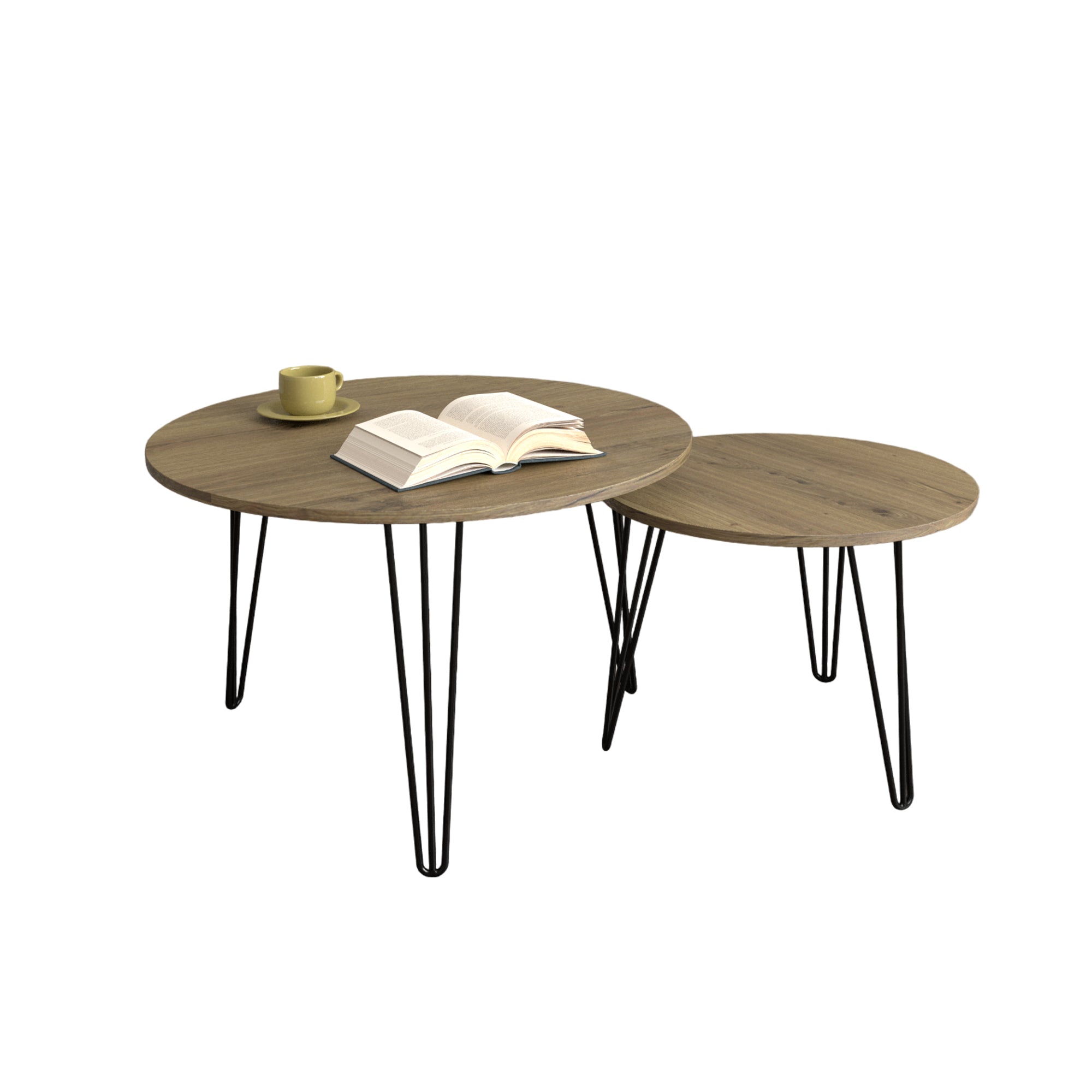 2 Set Round Nesting End Table Set w/ Sturdy Metal Base (Brown)