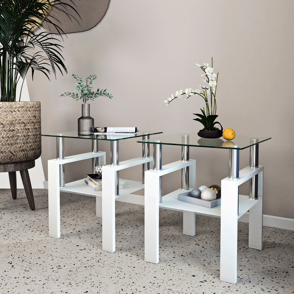 Set of 2, Modern Tempered Glass Coffee Table (White)