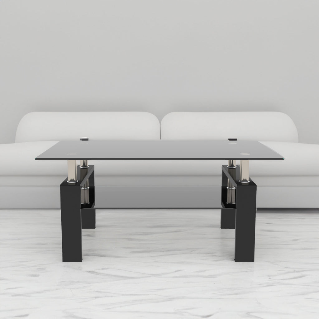 Modern 2-Layer Rectangle Black Glass Coffee Table
