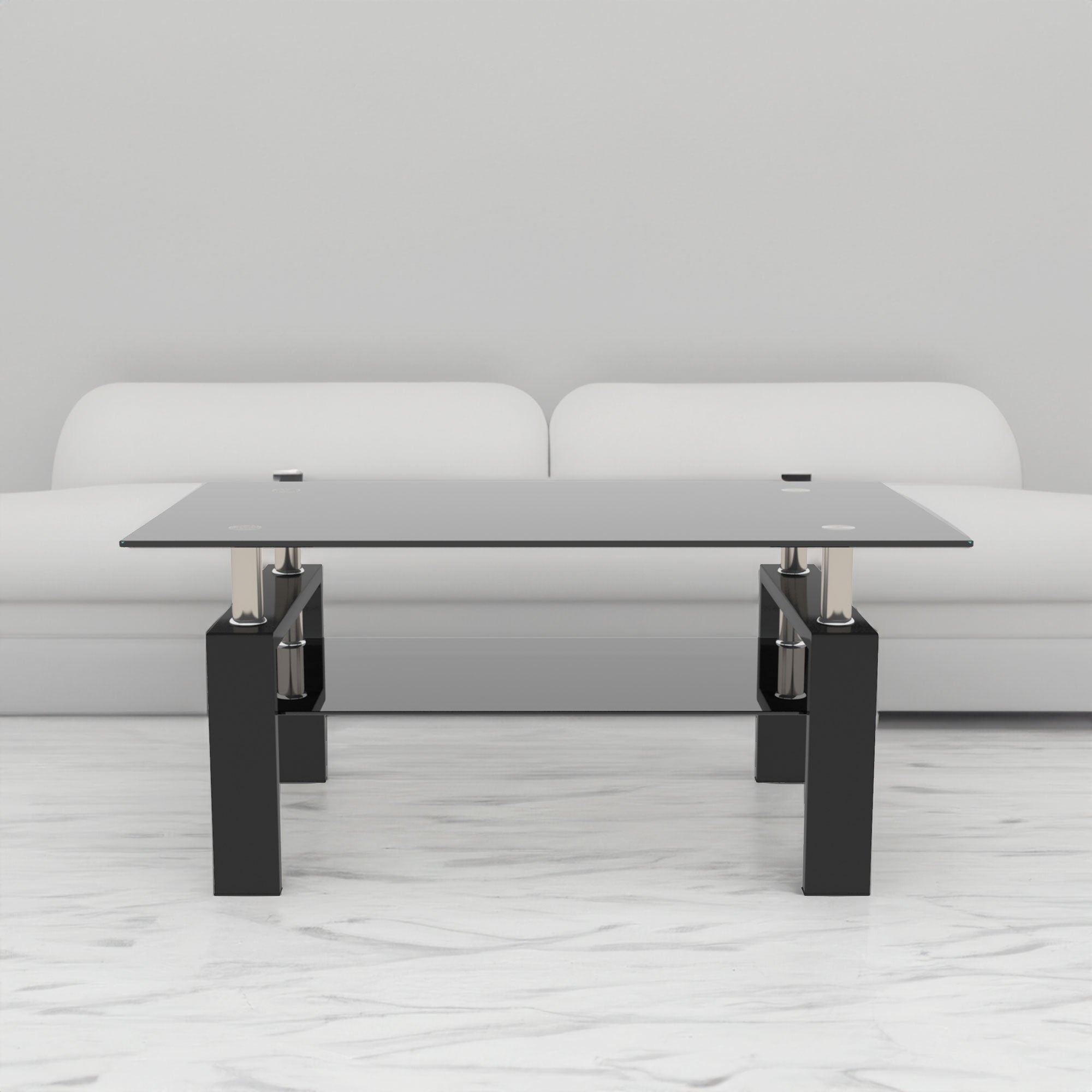 Modern 2-Layer Rectangle Black Glass Coffee Table
