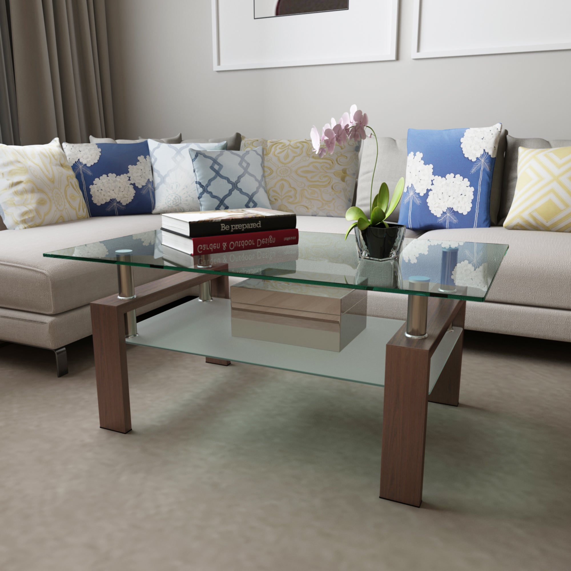 Modern 2-Layer Rectangle Glass Coffee Table (Walnut)