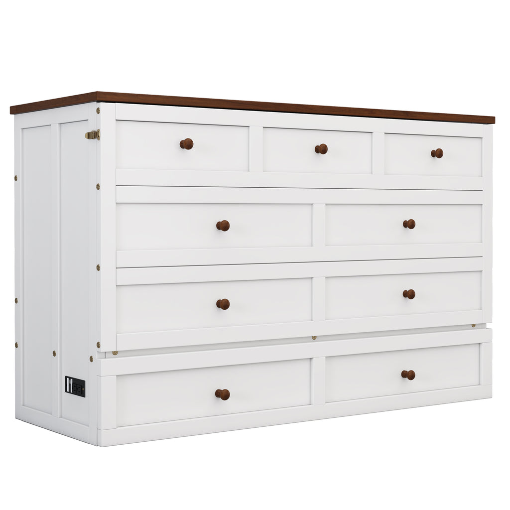 Solid Pine Murphy Bed Chest with Charging Station and Large Storage Drawer