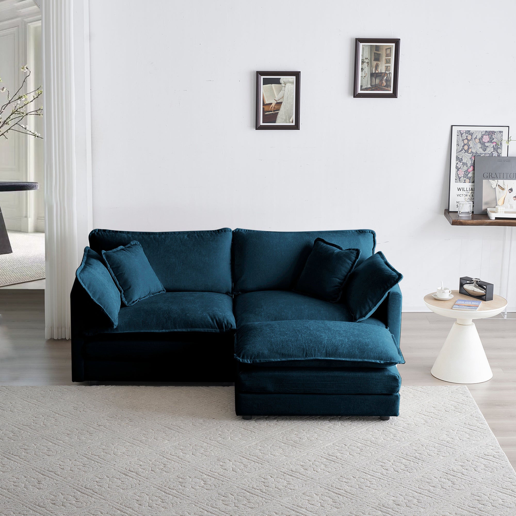 Chenille 2 seat L-shaped section w/ Ottoman (Blue)