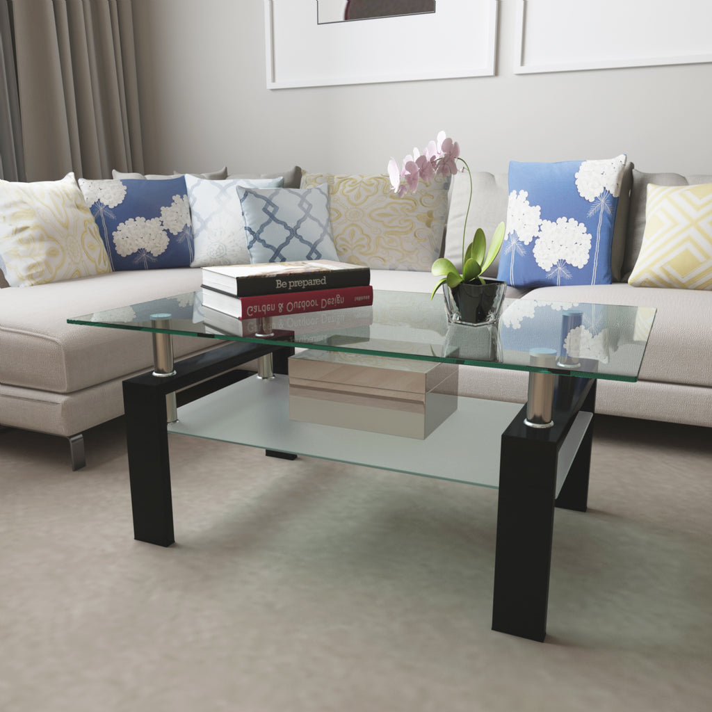 Modern 2-Layer Rectangle Black Glass Coffee Table (Black)