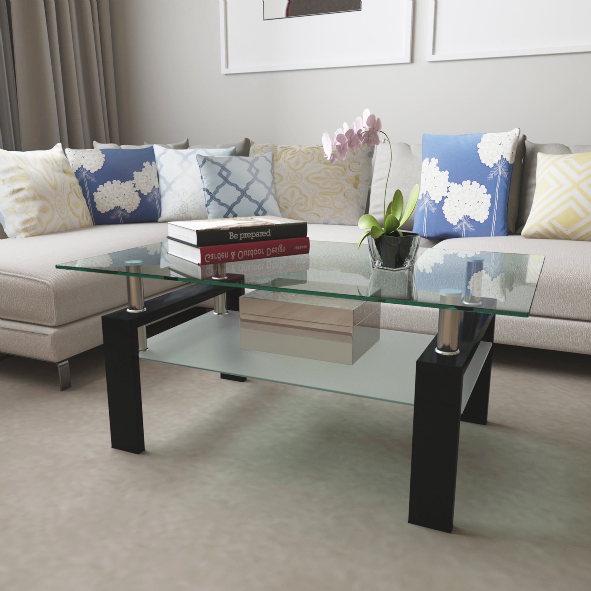 Modern 2-Layer Rectangle Black Glass Coffee Table (Black)