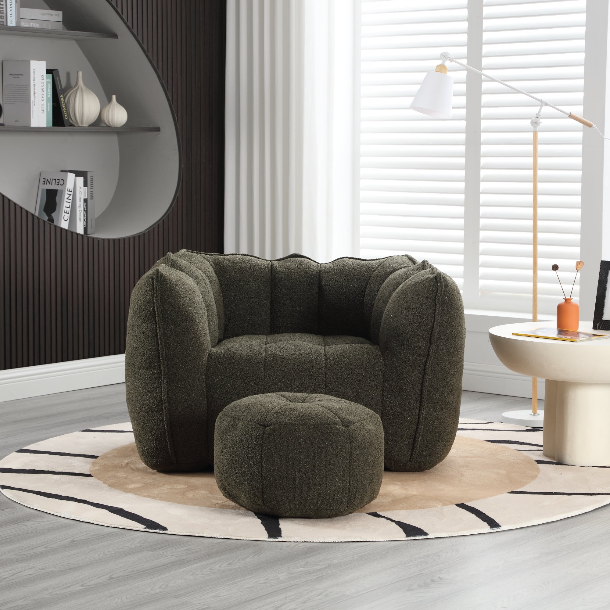 Plush Foam Lounger w/ Ottoman (Olive Green)