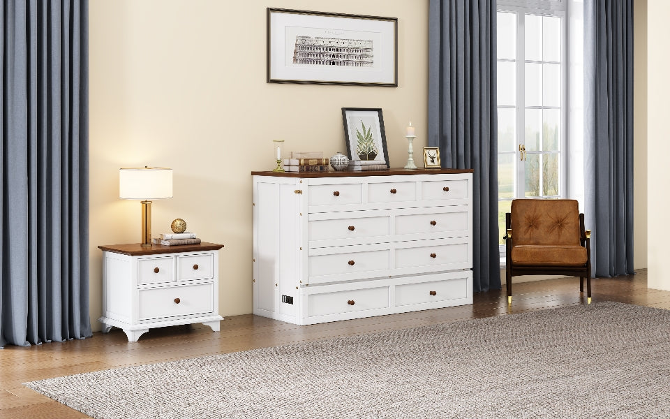 Solid Pine Murphy Bed Chest with Charging Station and Large Storage Drawer
