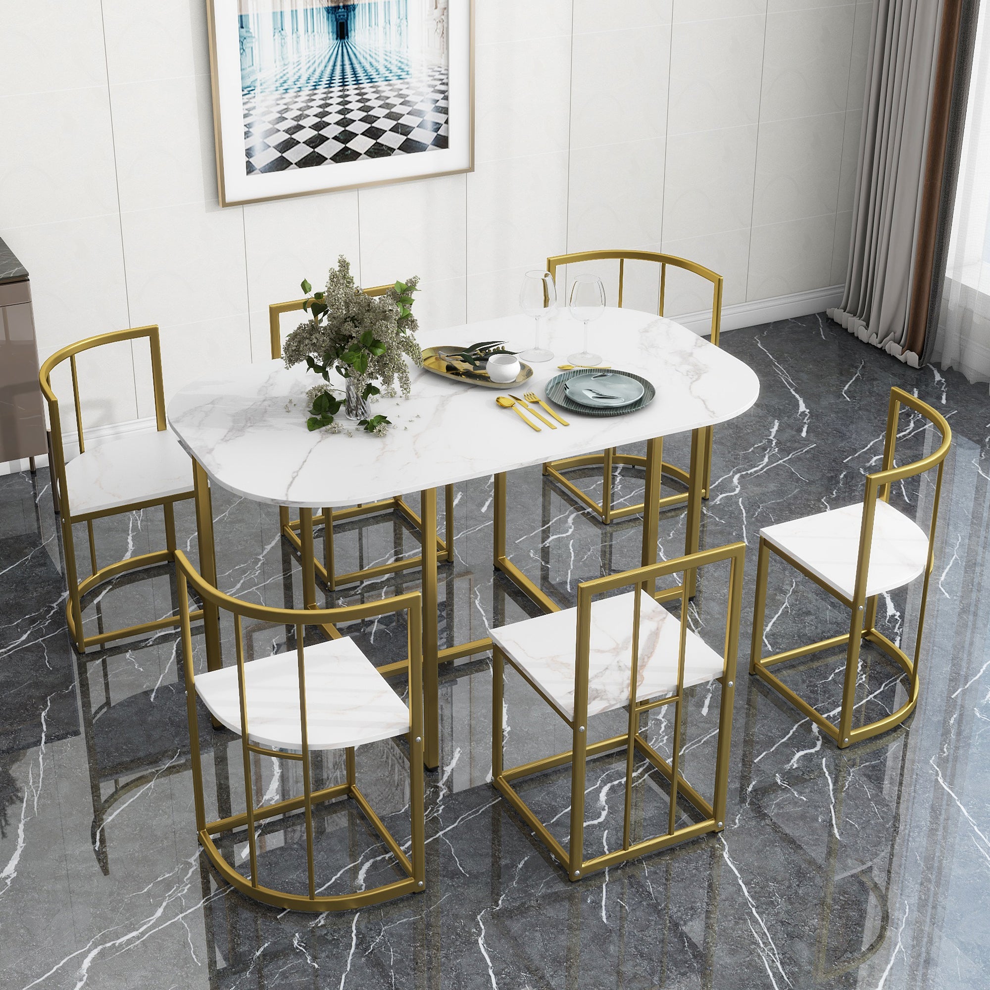 Modern 7-Piece Dining Table Set with Faux Marble (White/Gold)
