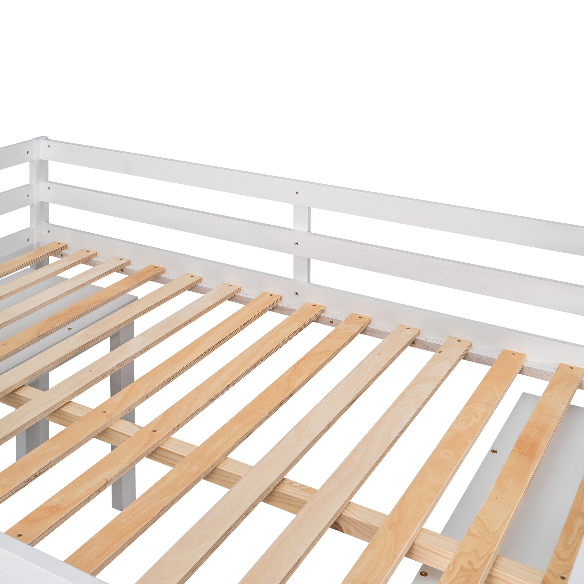 Low Study Full Loft Bed w/ Cabinet Shelves & Desk (White)