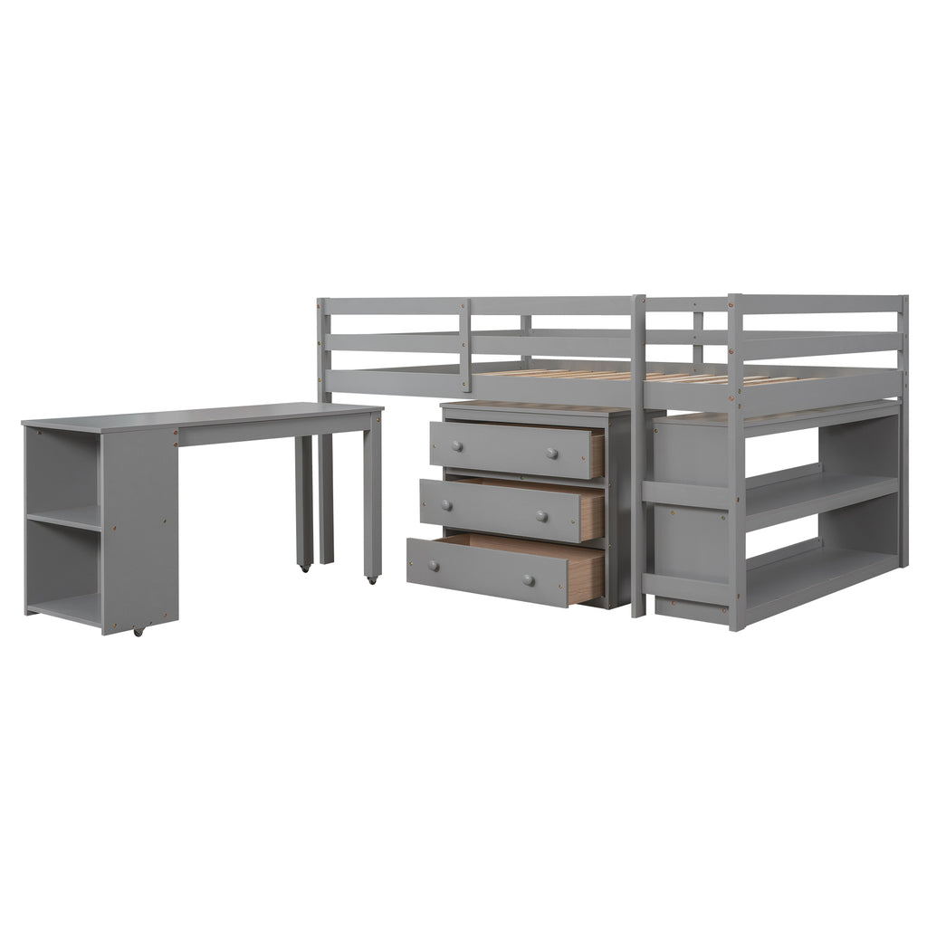 Low Study Full Loft Bed w/ Cabinet Shelves & Desk (Gray)