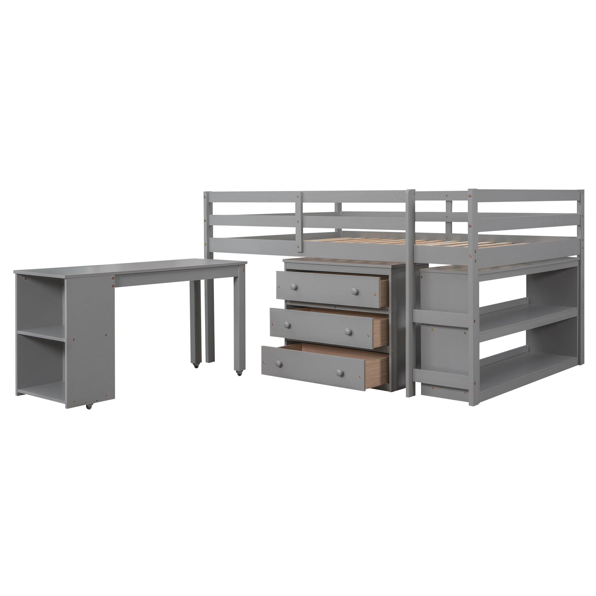 Low Study Full Loft Bed w/ Cabinet Shelves & Desk (Gray)