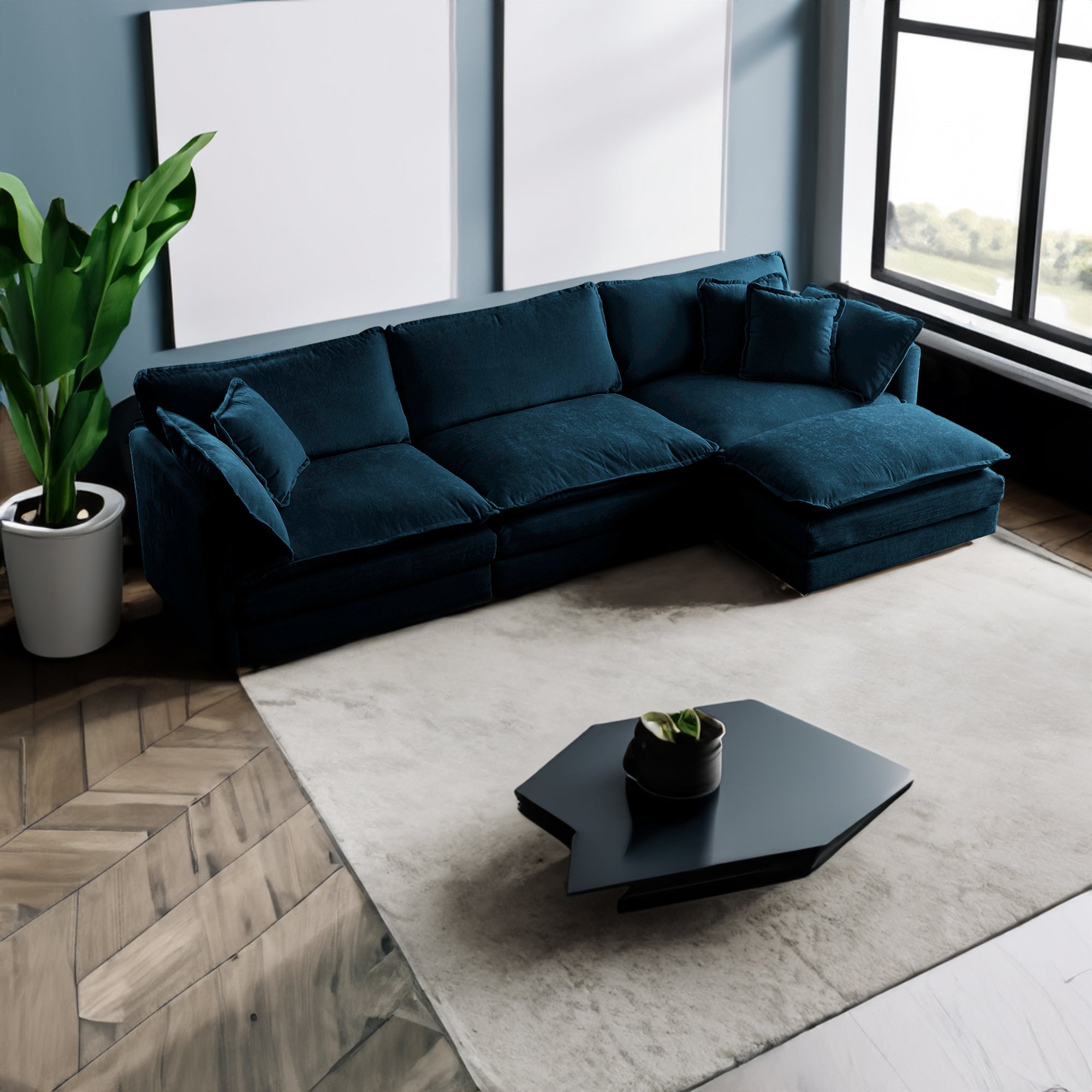 Modular Oversized L Shaped Sectional Sofa w/ Reversible Ottoman (Blue)