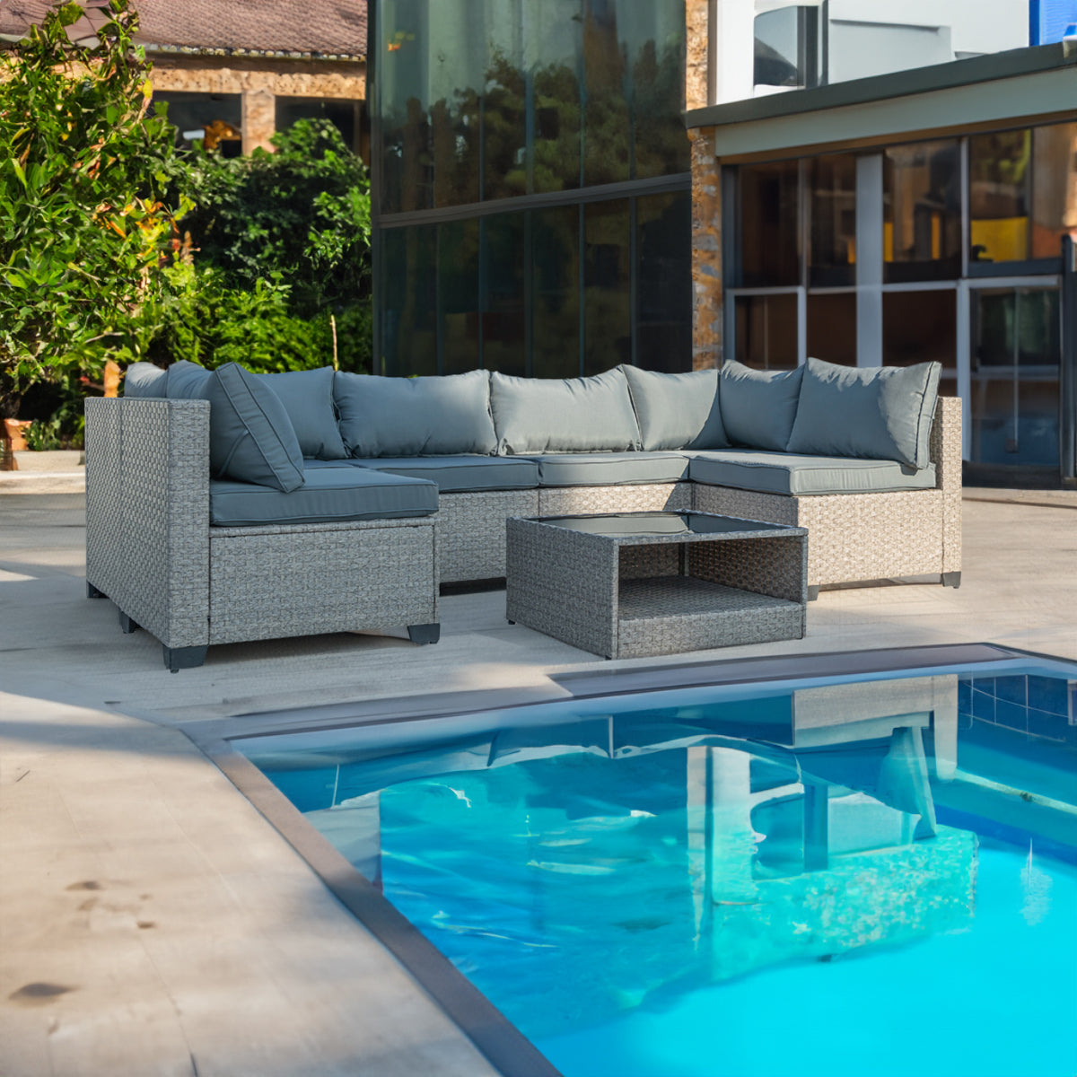 7-Piece Boho Outdoor Patio Furniture Set (Gray Cushions)