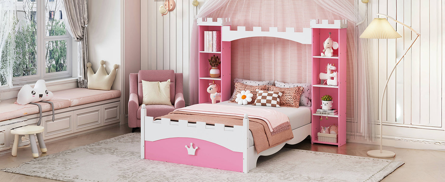Castle-Shaped Wooden Bed w/ Storage Shelf (Pink)