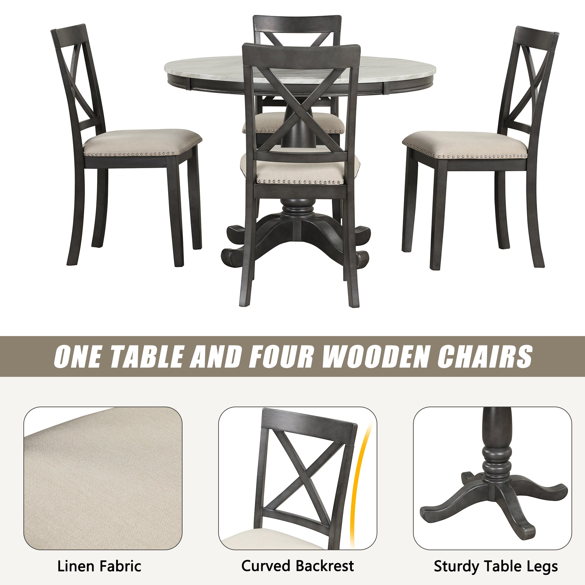 Orisfur 5 Piece Solid Wood Dining Table (Gray)