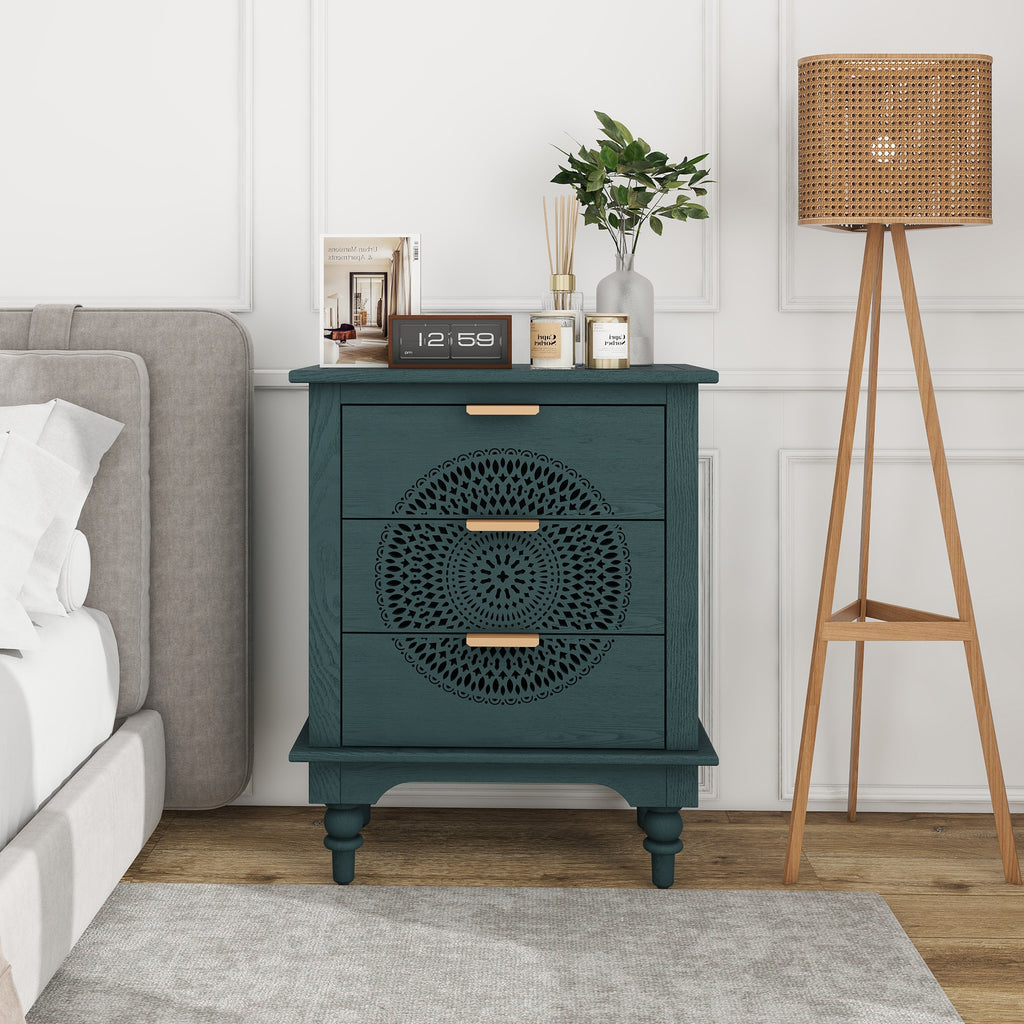 Hollow-Carved 3 Drawer Dresser Chest (Blackish Green)
