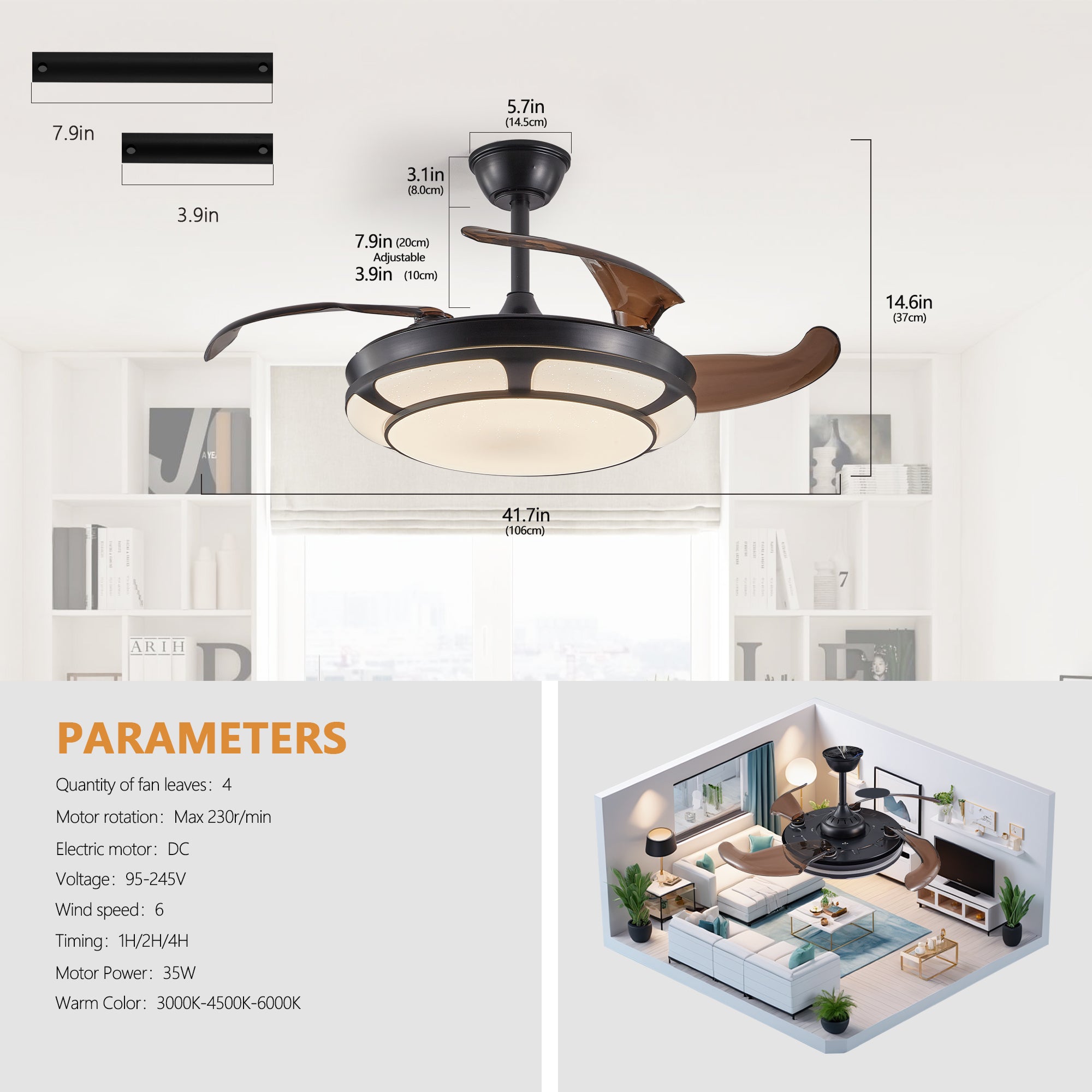 Modern Minimalist Invisible Retractable Ceiling Fan With LED Light