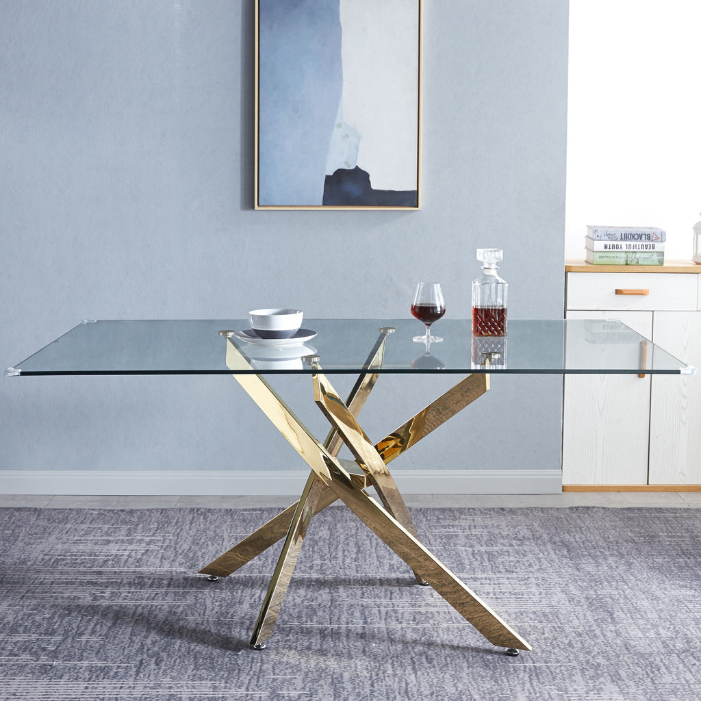 Modern Rectangular Tempered Glass Dining Table (Gold)