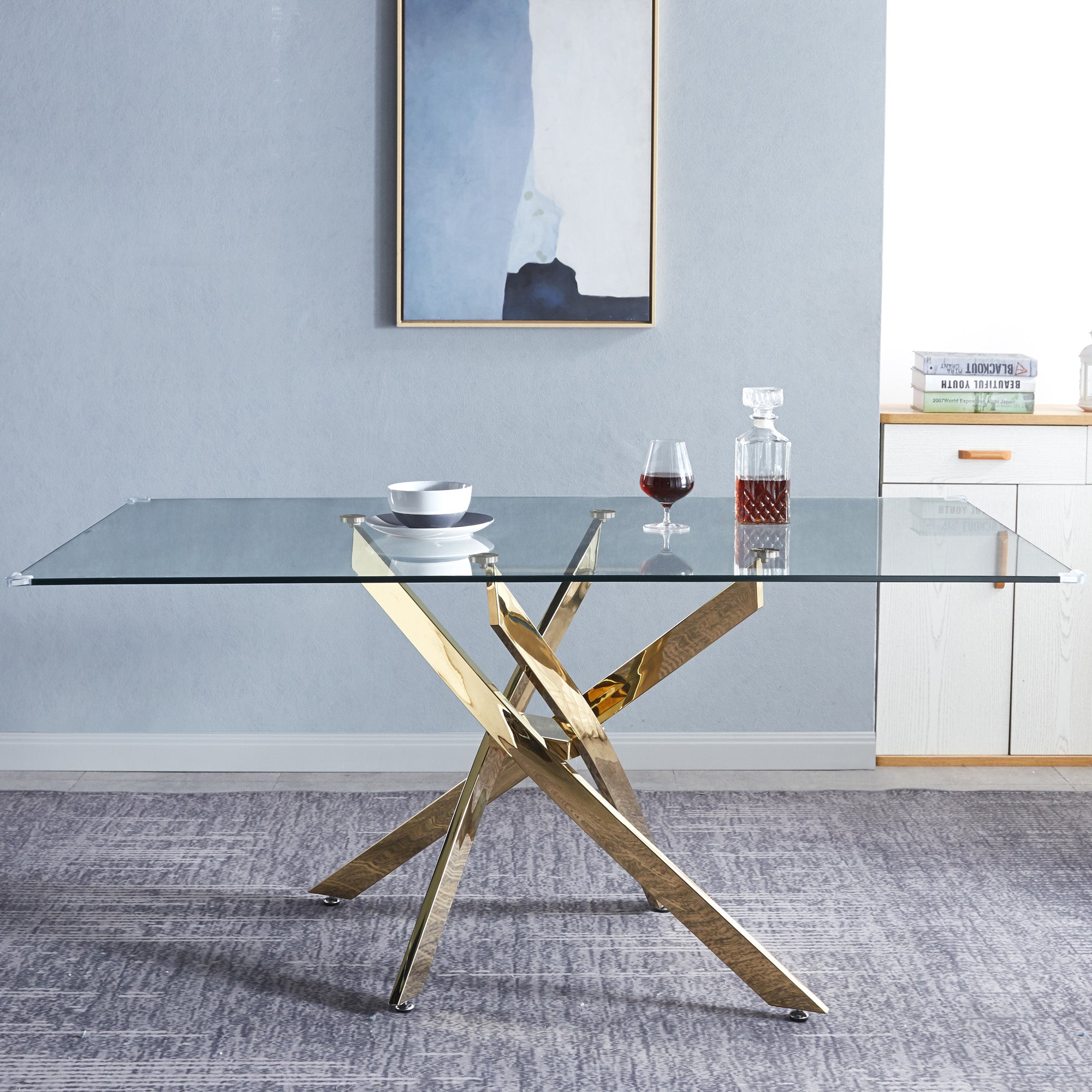 Modern Rectangular Tempered Glass Dining Table (Gold)