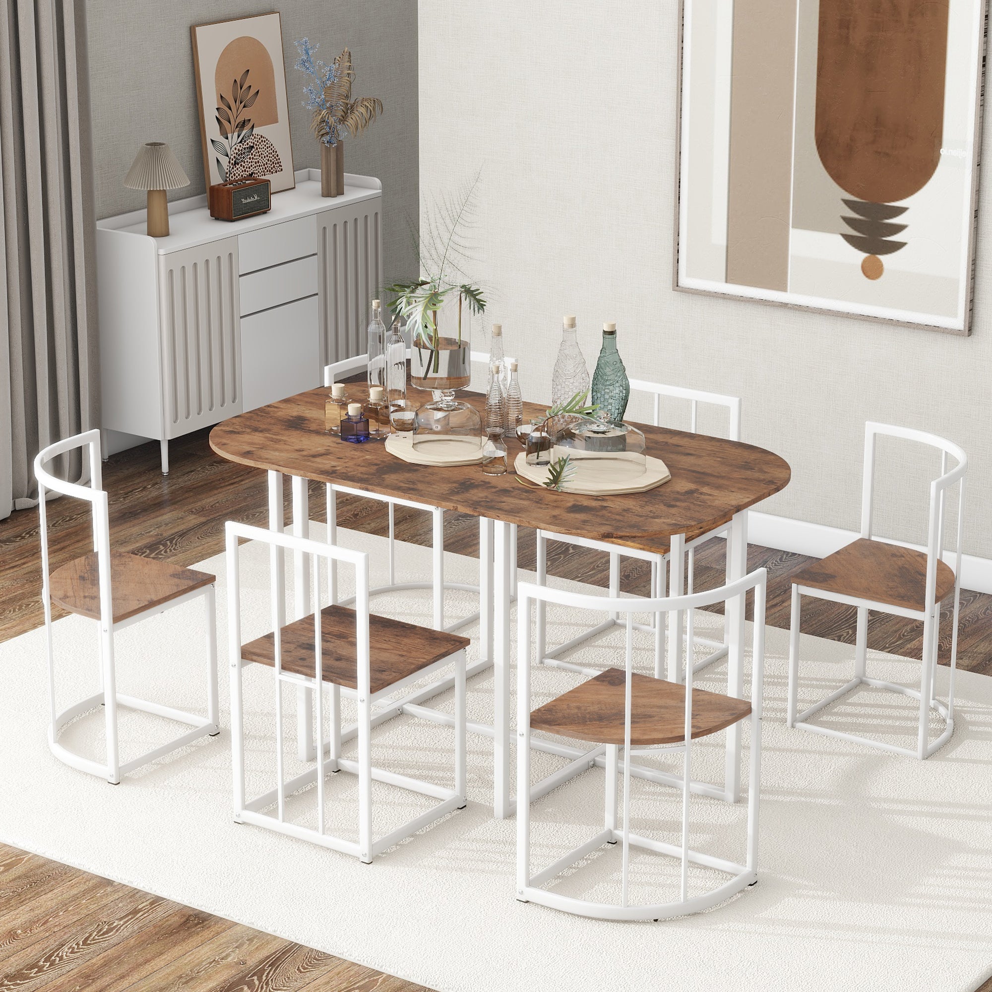 Modern 7-Piece Dining Table Set with Faux Marble (White/Cherry)