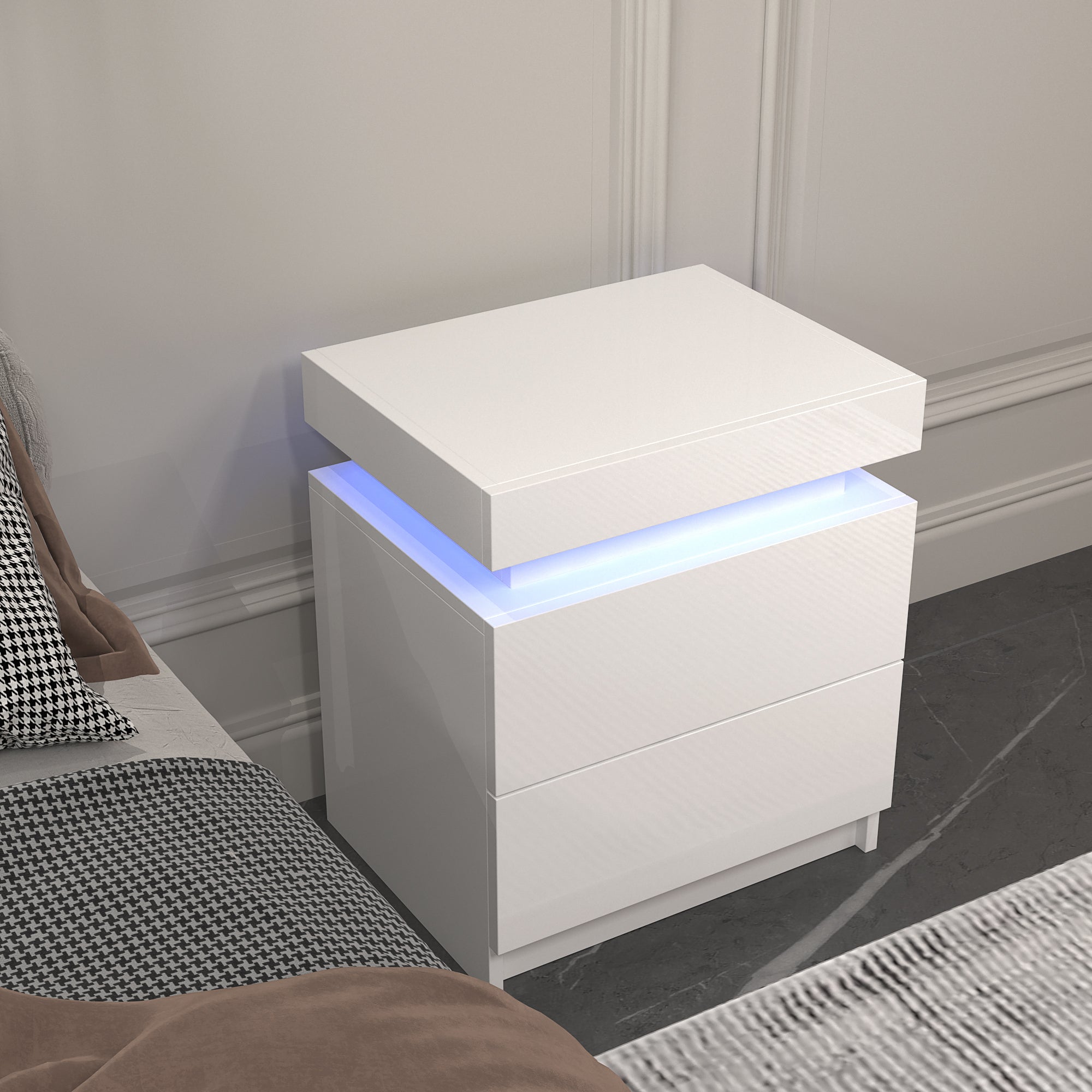 Modern LED Nightstand w/ 2 Drawers (White)