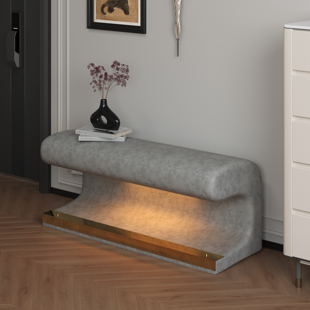 Entryway Bench Leather Ottoman w/ LED Sensor Light (Gray)