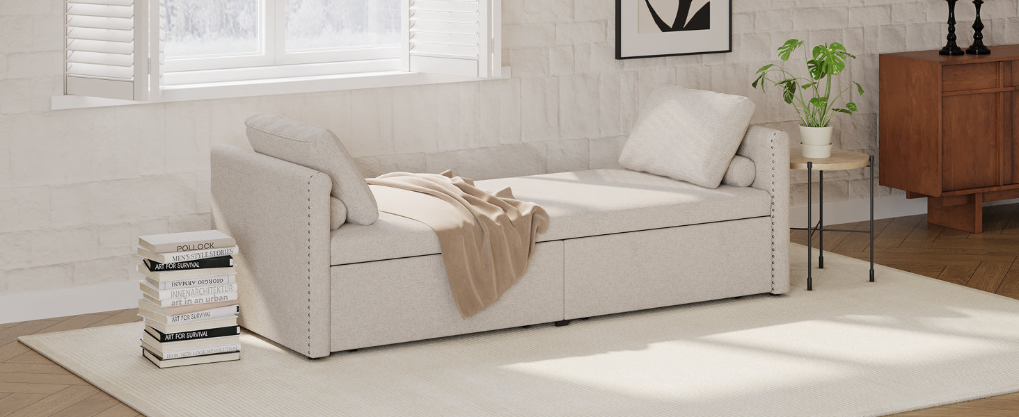 Modern Lounge Chair Sofa Bed w/ 2 Drawers - without mattress (Beige)