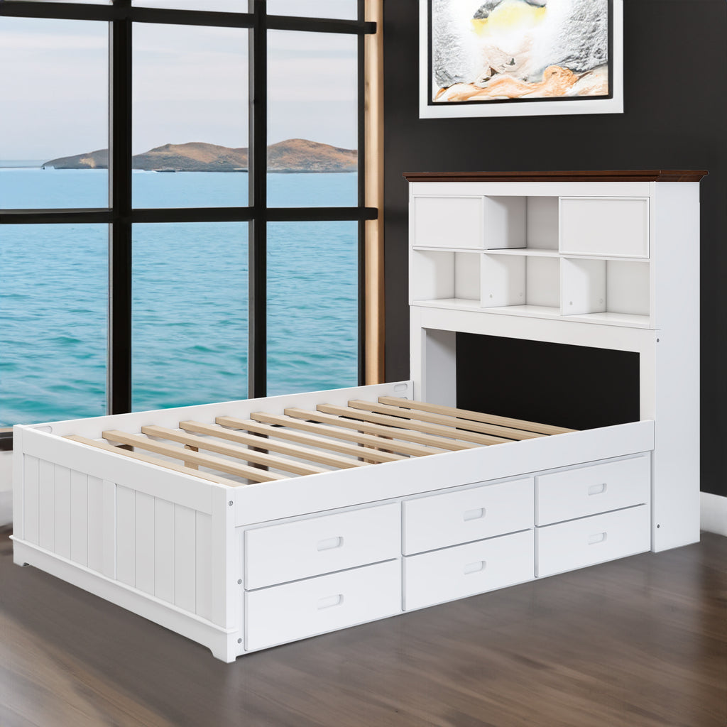 Solid Pine Twin Captain Bookcase Bed w/ Trundle Bed & 3 Drawers in Casual (White+Walnut)