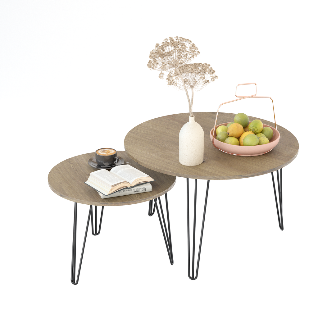 2 Set Round Nesting End Table Set w/ Sturdy Metal Base (Brown)