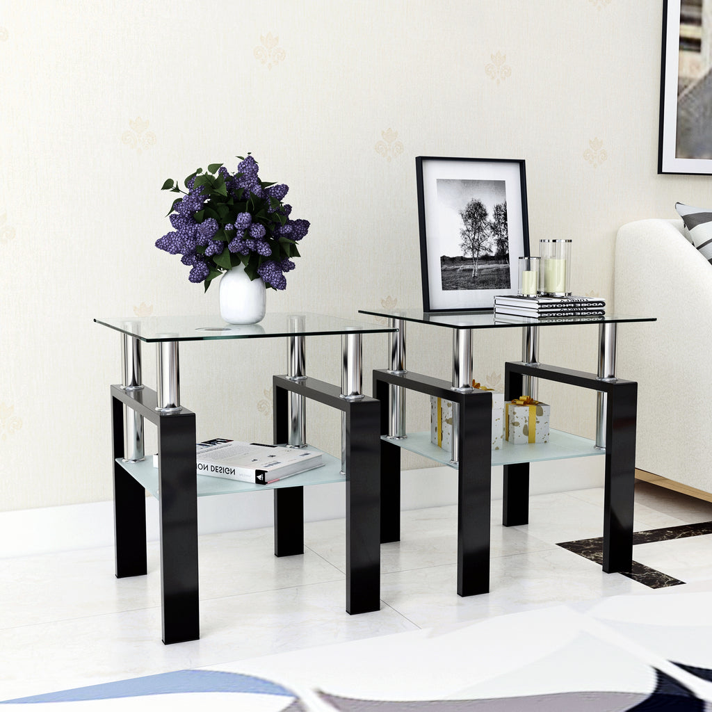 Set of 2, Modern Tempered Glass Coffee Table (Black)