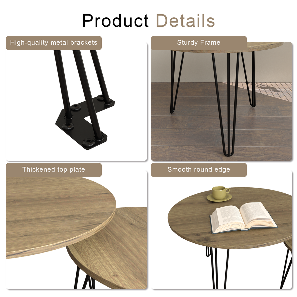 2 Set Round Nesting End Table Set w/ Sturdy Metal Base (Brown)