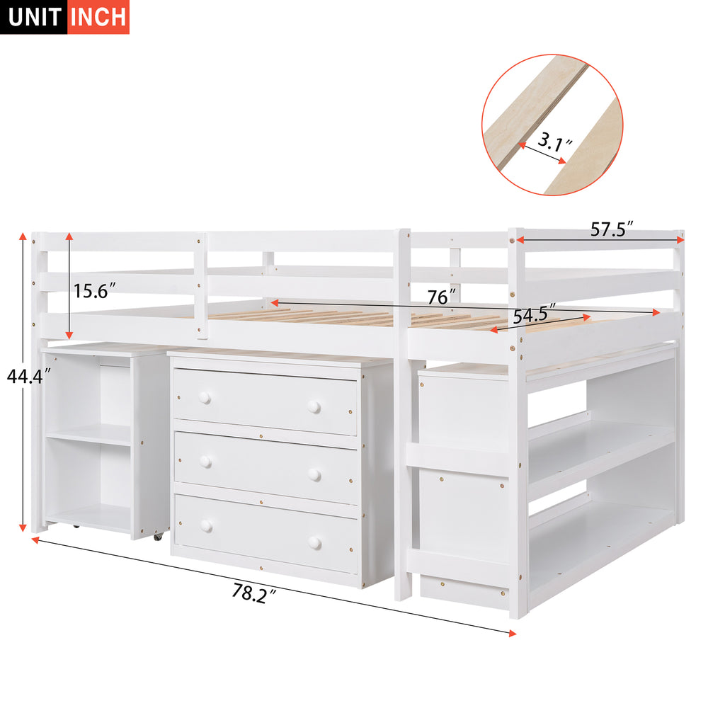 Low Study Full Loft Bed w/ Cabinet Shelves & Desk (White)