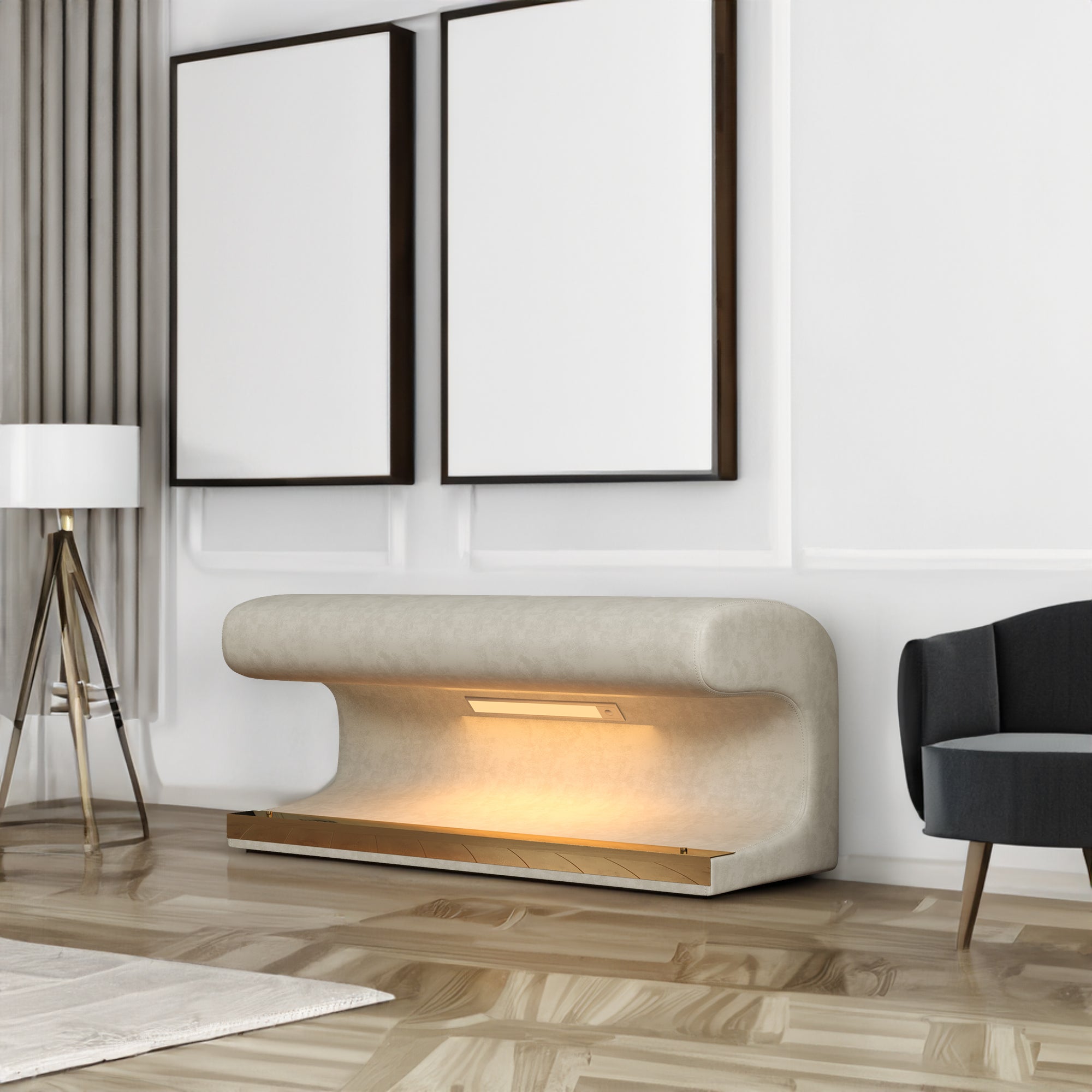 Entryway Bench Leather Ottoman w/ LED Sensor Light (Beige)