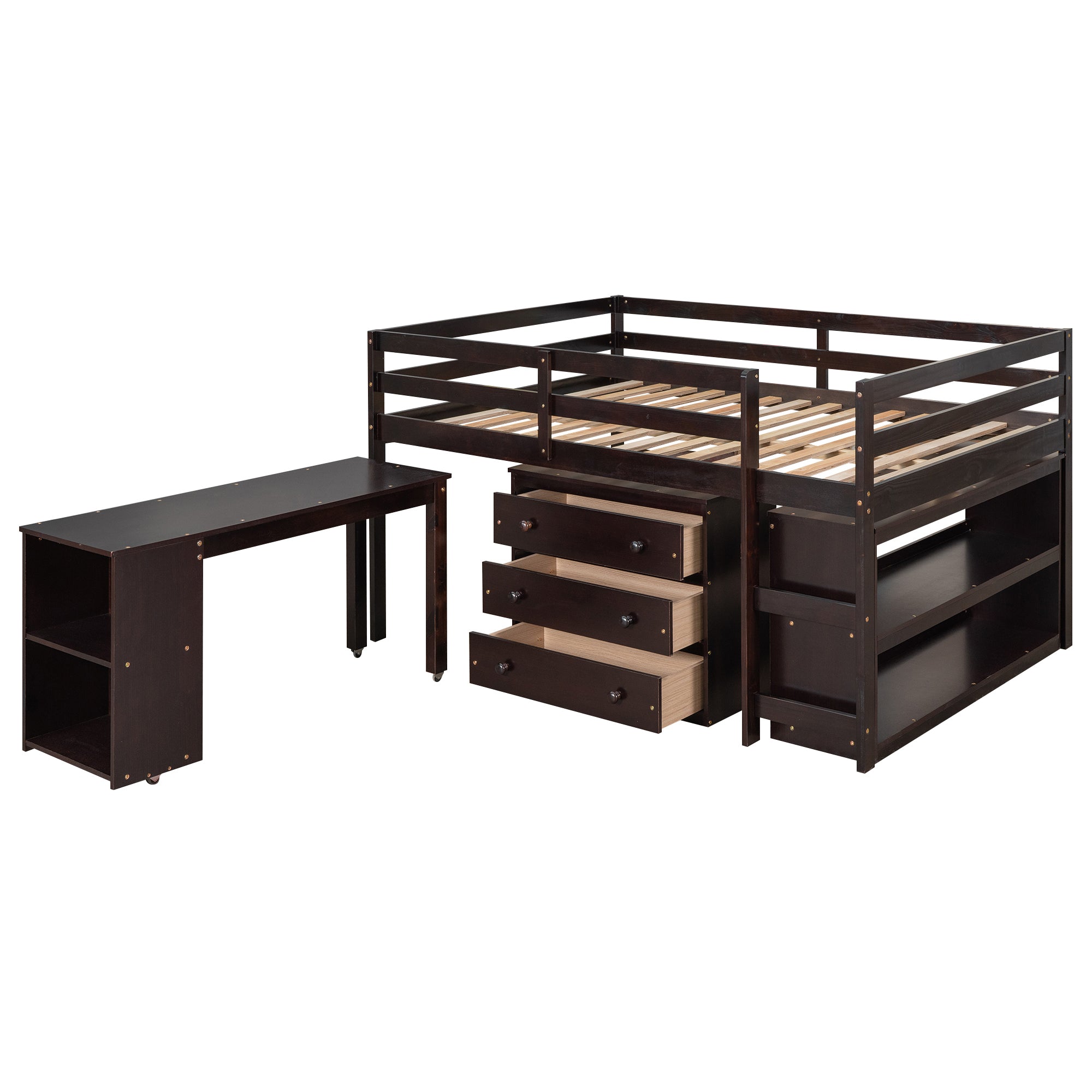 Low Study Full Loft Bed w/ Cabinet Shelves & Desk (Espresso)