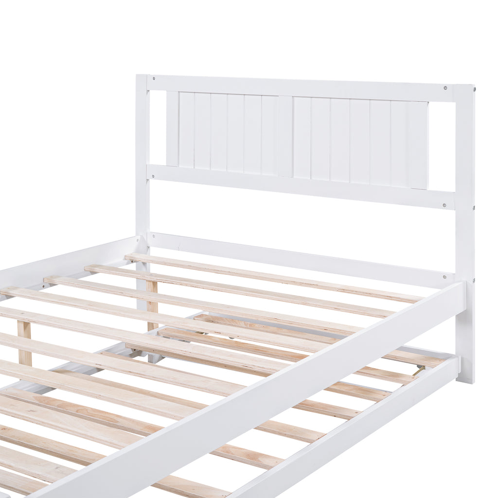 Full Size Platform Bed with Adjustable Trundle (White)