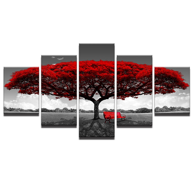 Modular Canvas HD Print Wall Art - 5 Pieces Red Tree