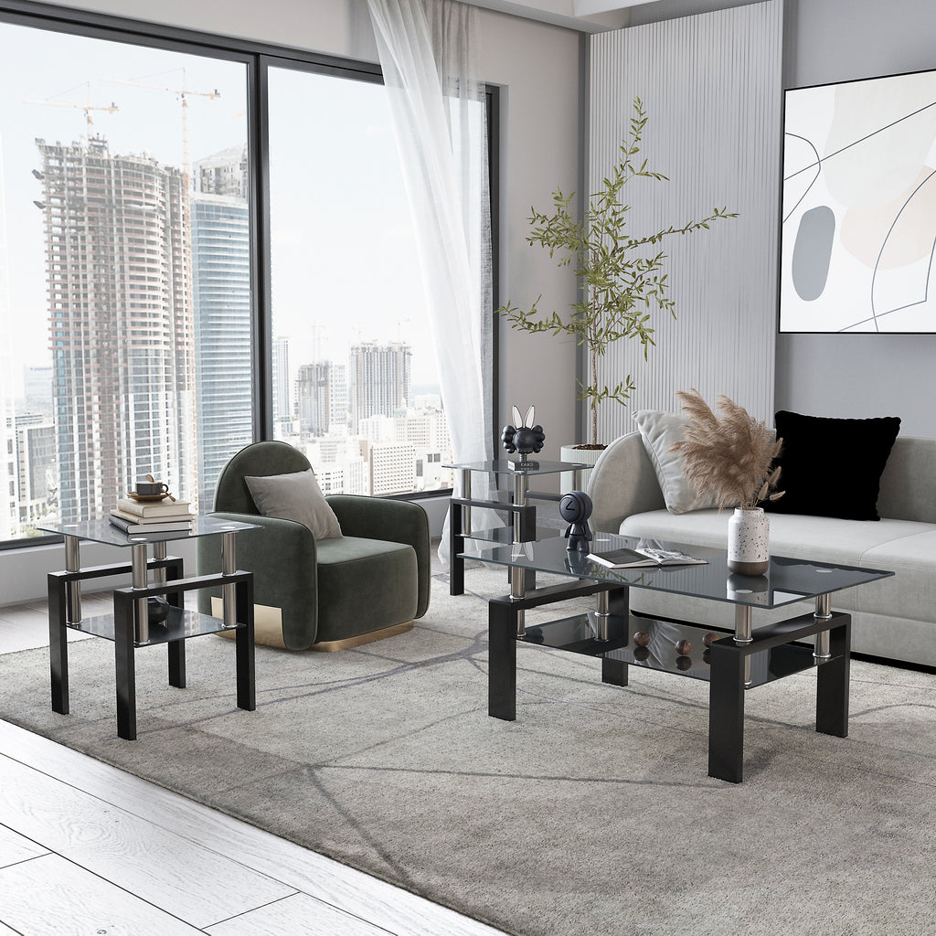 Set of 2, Modern Tempered Glass Coffee Table (Black)