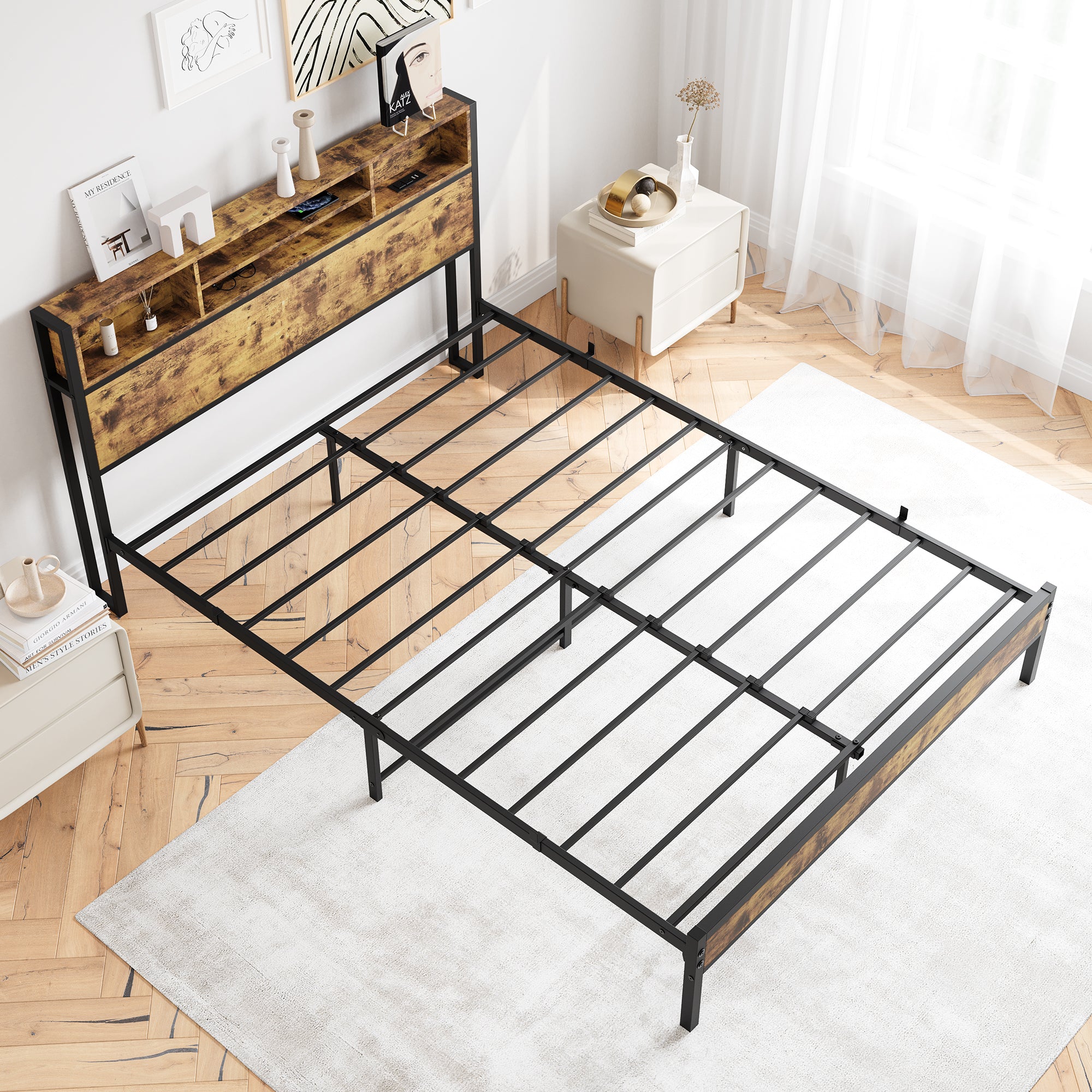 Wooden Queen Bed Frame w/ Storage Headboard (Black)