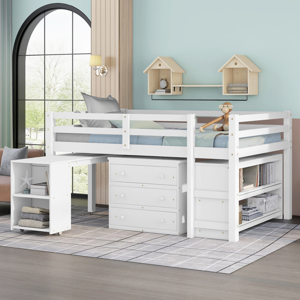 Low Study Full Loft Bed w/ Cabinet Shelves & Desk (White)