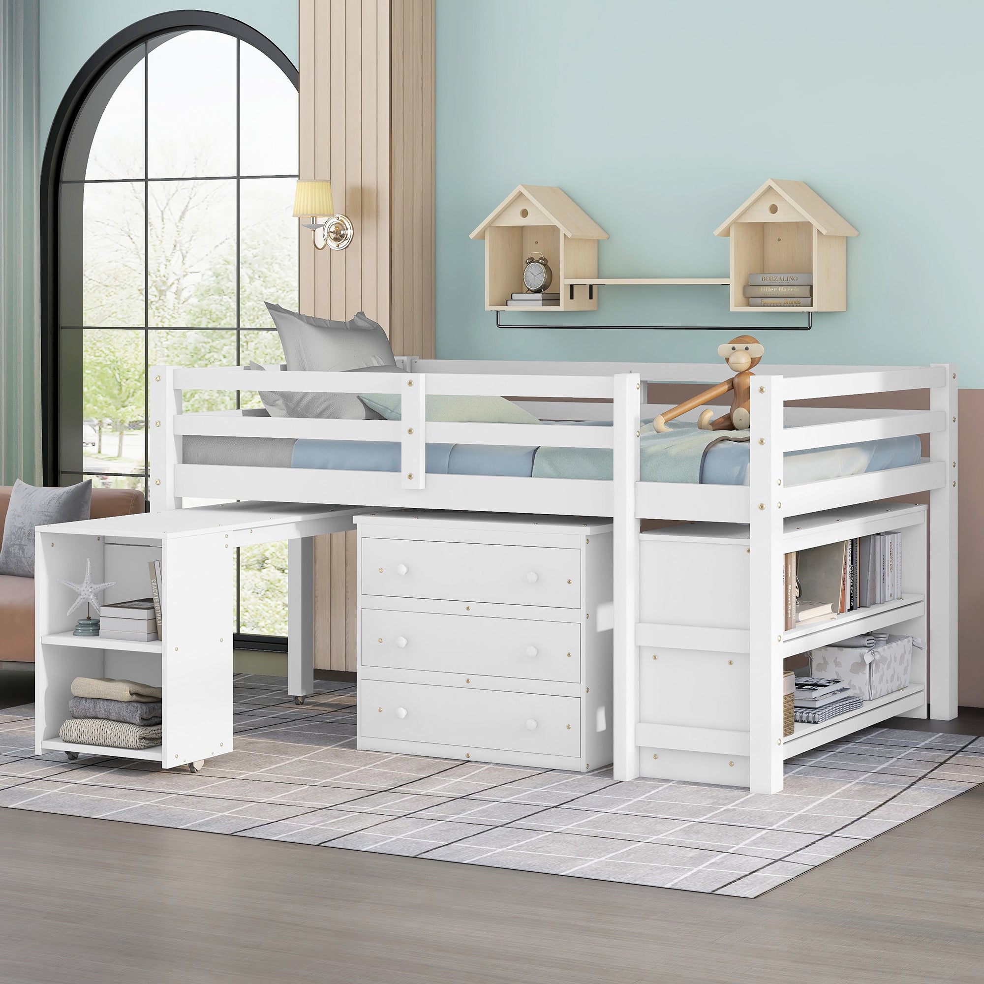 Low Study Full Loft Bed w/ Cabinet Shelves & Desk (White)