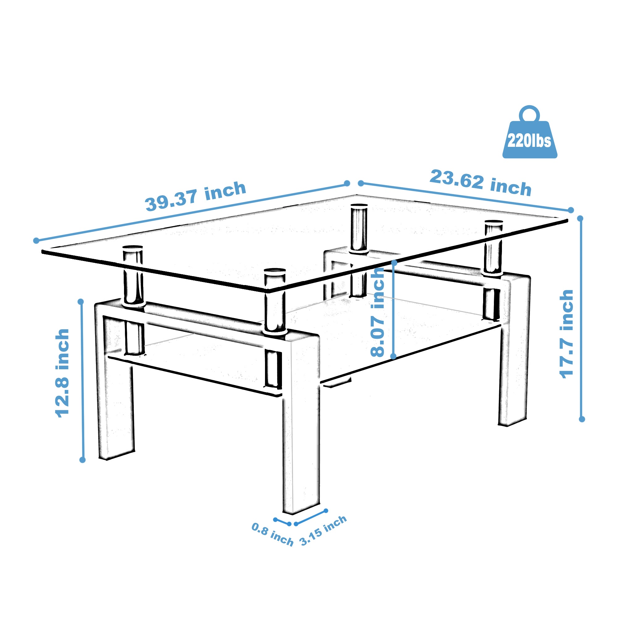 Modern 2-Layer Rectangle Black Glass Coffee Table (Black)