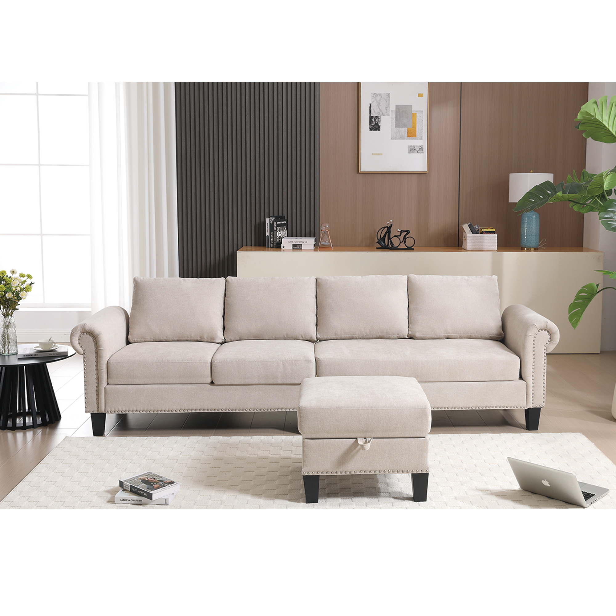Convertible L-shaped Sectional w/ Storage (Beige)