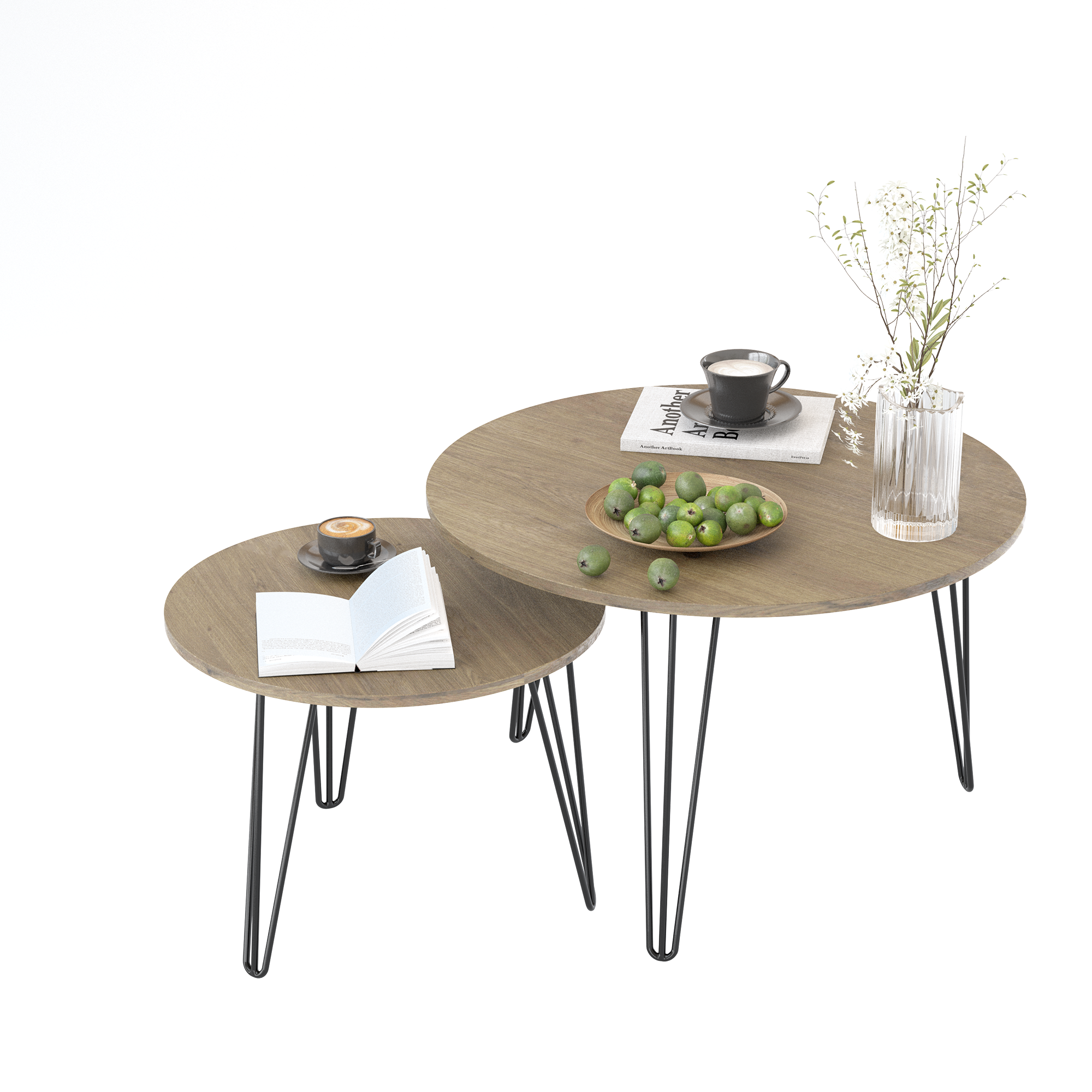 2 Set Round Nesting End Table Set w/ Sturdy Metal Base (Brown)