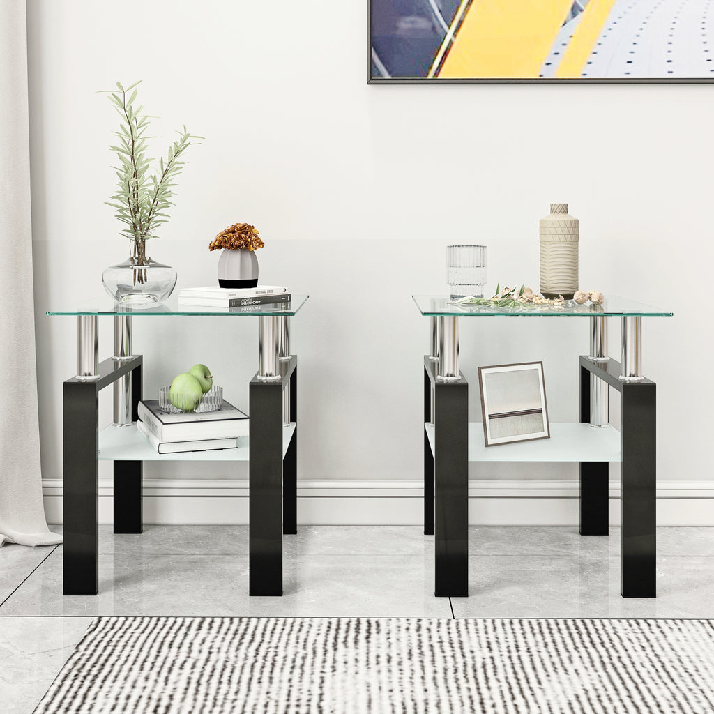 Set of 2, Modern Tempered Glass Coffee Table (Black)