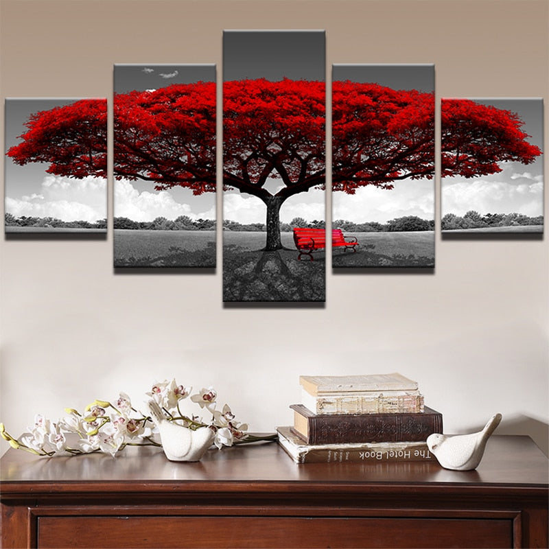 Modular Canvas HD Print Wall Art - 5 Pieces Red Tree