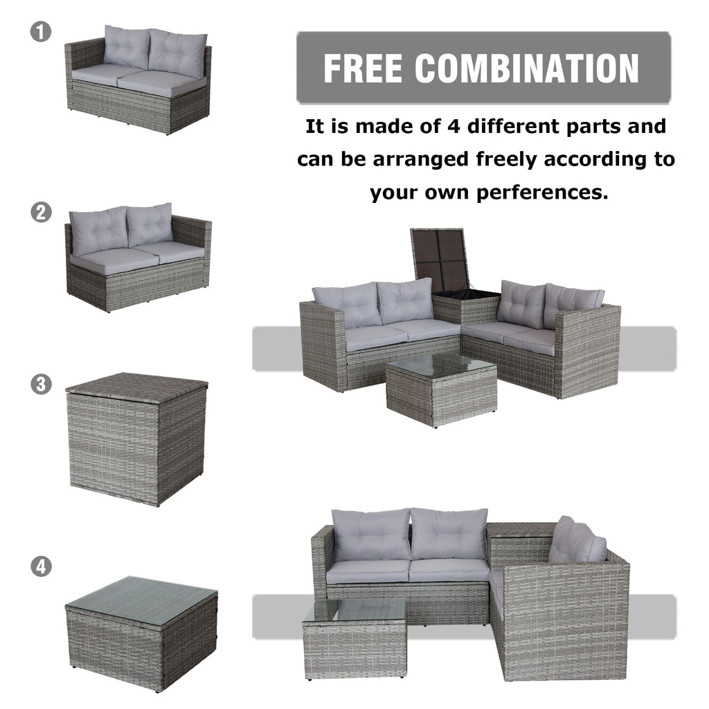 4 Piece Sectional, Wicker Rattan Outdoor Patio Furniture (Gray)