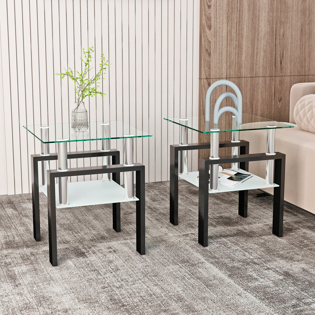 Set of 2, Modern Tempered Glass Coffee Table (Black)