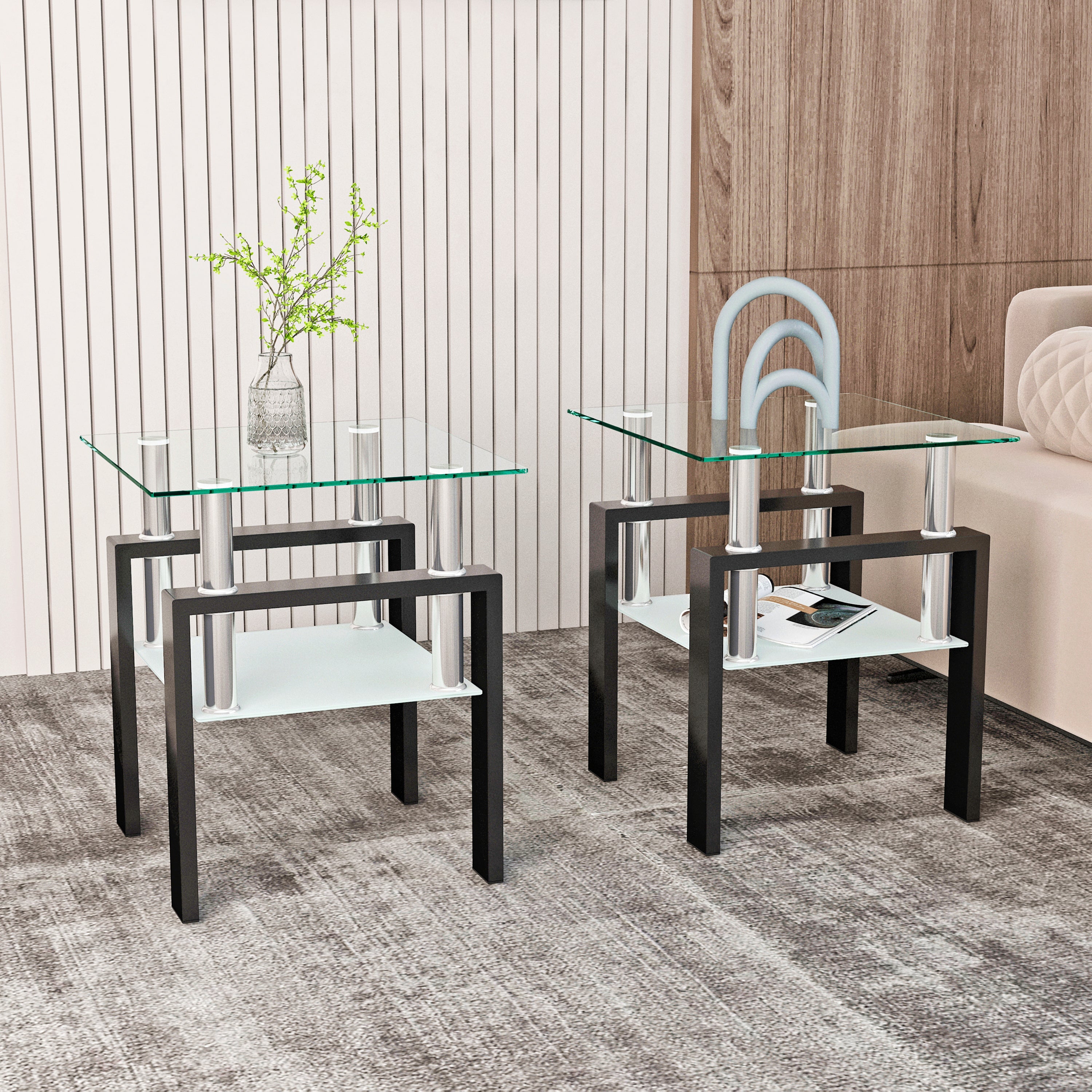 Set of 2, Modern Tempered Glass Coffee Table (Black)